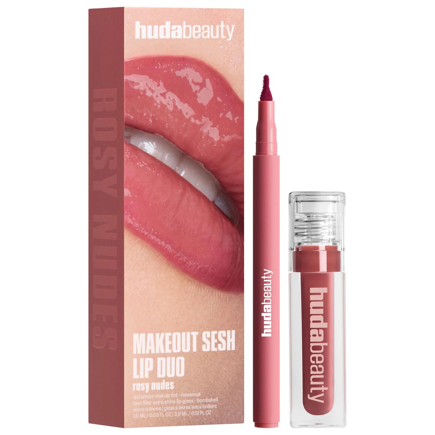 Huda Beauty Make Out Sesh Lip Stain and Lip Gloss Duo-Rosy Nude